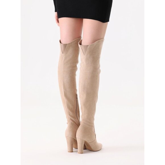 ⚡Women's Nude Stretch Suede Chunky Heel Over The Knee Boots Thigh High - Picture 5 of 6